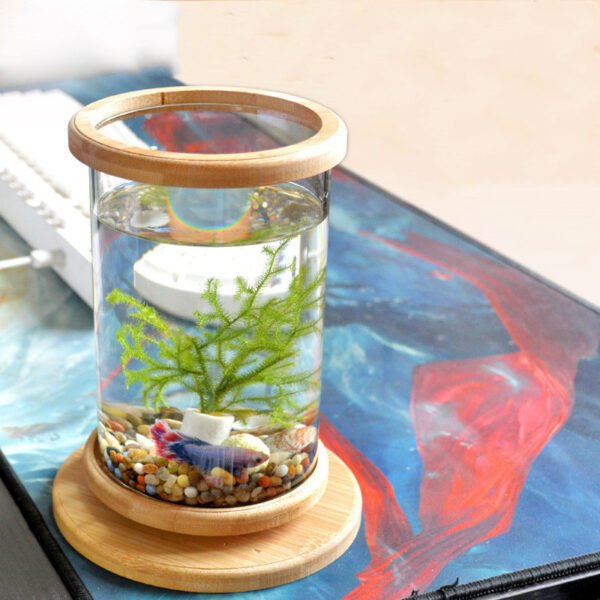 Small Office Glass Aquarium Bamboo Base Mini Fish Tank Decoration Fish Bowl - Image 4