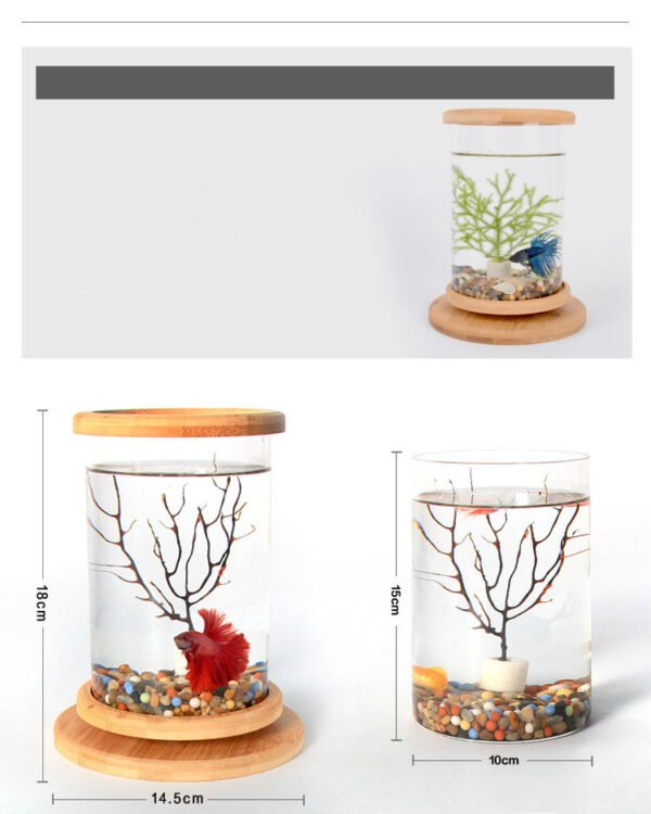 Small Office Glass Aquarium Bamboo Base Mini Fish Tank Decoration Fish Bowl - Image 3