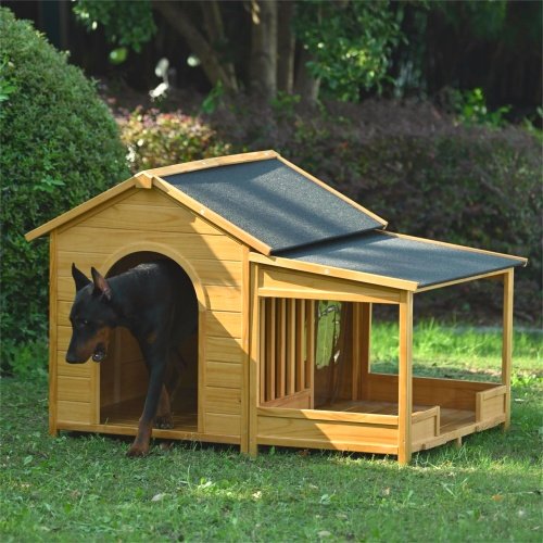 60.2 Large Wooden Dog House With Porch, Cabin Style Dog Crate With Asphalt Roof And Elevated Floor, Dog Kennel With Side Window And Doors, Perfect For Medium & Large Dogs, Nature - Image 8
