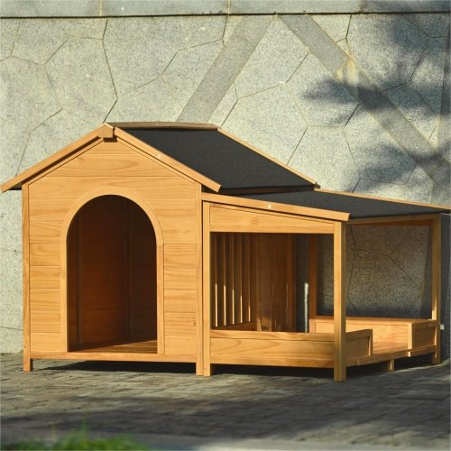 60.2 Large Wooden Dog House With Porch, Cabin Style Dog Crate With Asphalt Roof And Elevated Floor, Dog Kennel With Side Window And Doors, Perfect For Medium & Large Dogs, Nature - Image 5