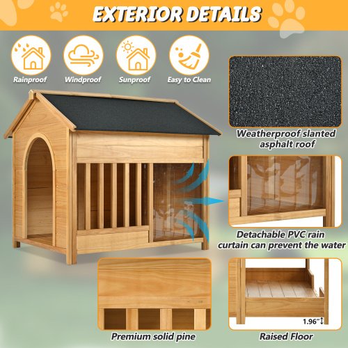 60.2 Large Wooden Dog House With Porch, Cabin Style Dog Crate With Asphalt Roof And Elevated Floor, Dog Kennel With Side Window And Doors, Perfect For Medium & Large Dogs, Nature - Image 3