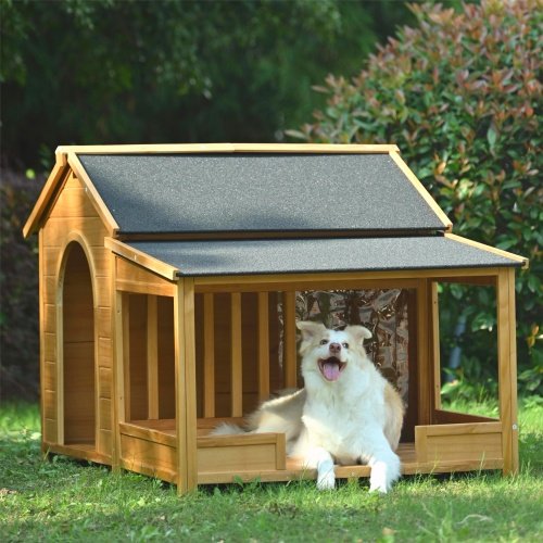 60.2 Large Wooden Dog House With Porch, Cabin Style Dog Crate With Asphalt Roof And Elevated Floor, Dog Kennel With Side Window And Doors, Perfect For Medium & Large Dogs, Nature - Image 6