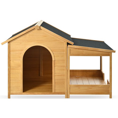 60.2 Large Wooden Dog House With Porch, Cabin Style Dog Crate With Asphalt Roof And Elevated Floor, Dog Kennel With Side Window And Doors, Perfect For Medium & Large Dogs, Nature - Image 4