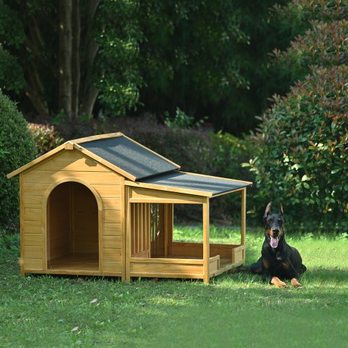 60.2 Large Wooden Dog House With Porch, Cabin Style Dog Crate With Asphalt Roof And Elevated Floor, Dog Kennel With Side Window And Doors, Perfect For Medium & Large Dogs, Nature - Image 10