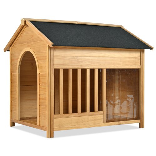60.2 Large Wooden Dog House With Porch, Cabin Style Dog Crate With Asphalt Roof And Elevated Floor, Dog Kennel With Side Window And Doors, Perfect For Medium & Large Dogs, Nature - Image 2